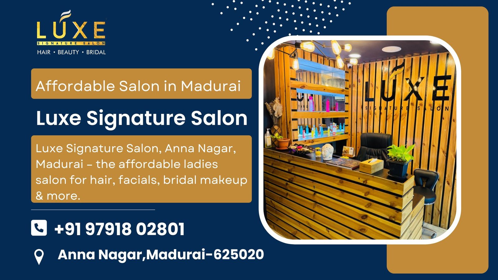 Affordable salon in Madurai – Luxe Signature Salon front desk view at Anna Nagar