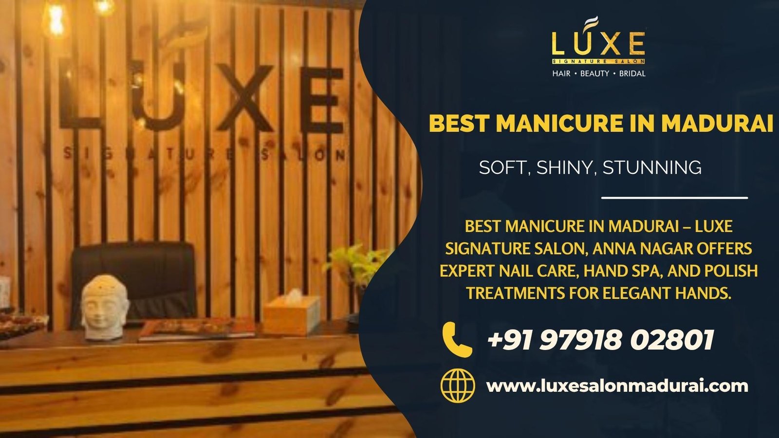 Reception area of Luxe Signature Salon in Anna Nagar, showcasing the best manicure in Madurai with a warm wooden interior.