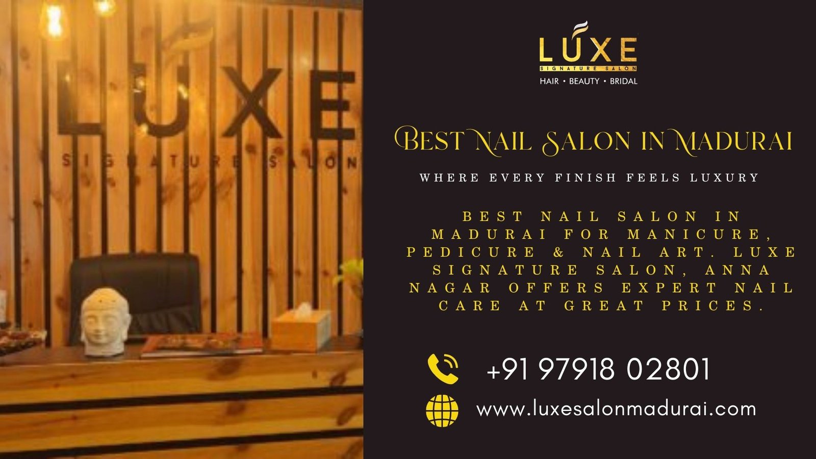 Luxe Signature Salon front desk interior showcasing premium nail care services at the best nail salon in Madurai.