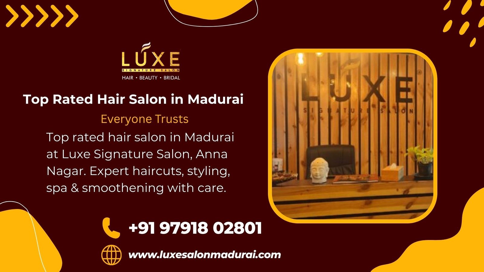 Top rated hair salon in Madurai at Luxe Signature Salon Anna Nagar offering expert haircuts styling spa and smoothening services
