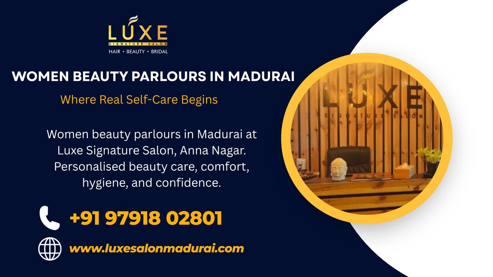 Women beauty parlours in Madurai at Luxe Signature Salon, Anna Nagar. Personalised beauty care, comfort, hygiene, and confidence.