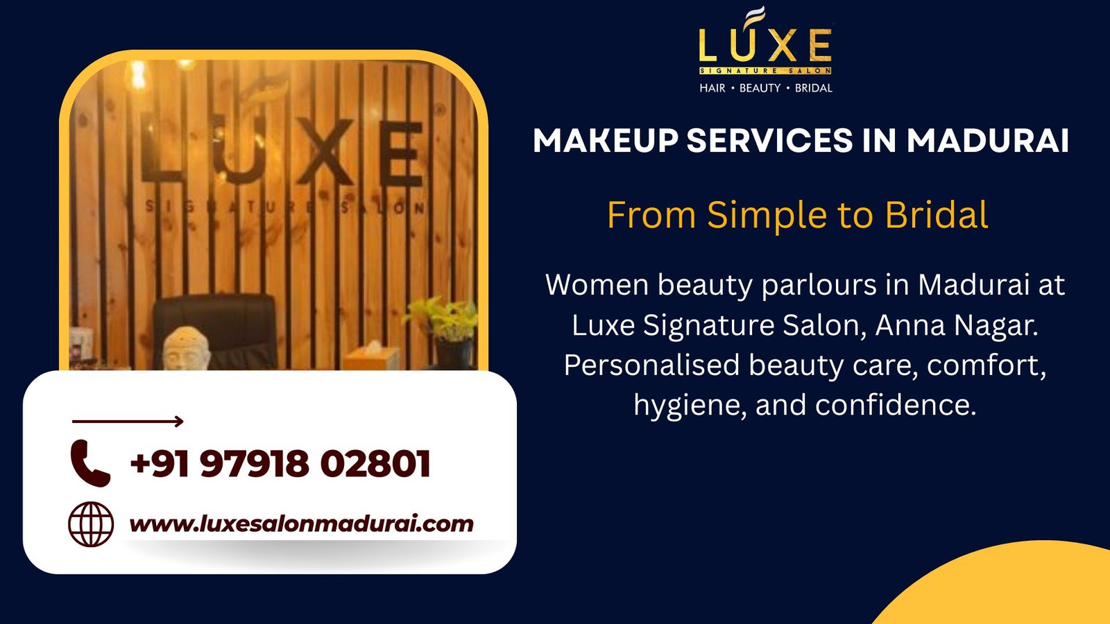 Makeup services in Madurai at Luxe Signature Salon, Anna Nagar. Natural, bridal & party makeup with comfort and lasting finish.