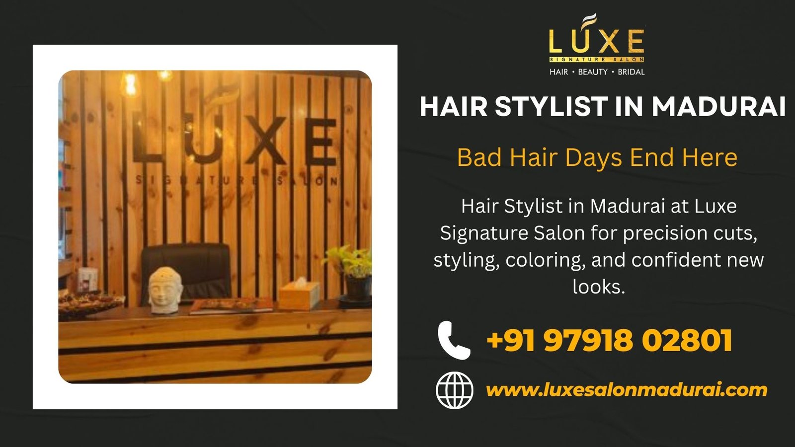 Hair Stylist in Madurai at Luxe Signature Salon for precision cuts, styling, coloring, and confident new looks.