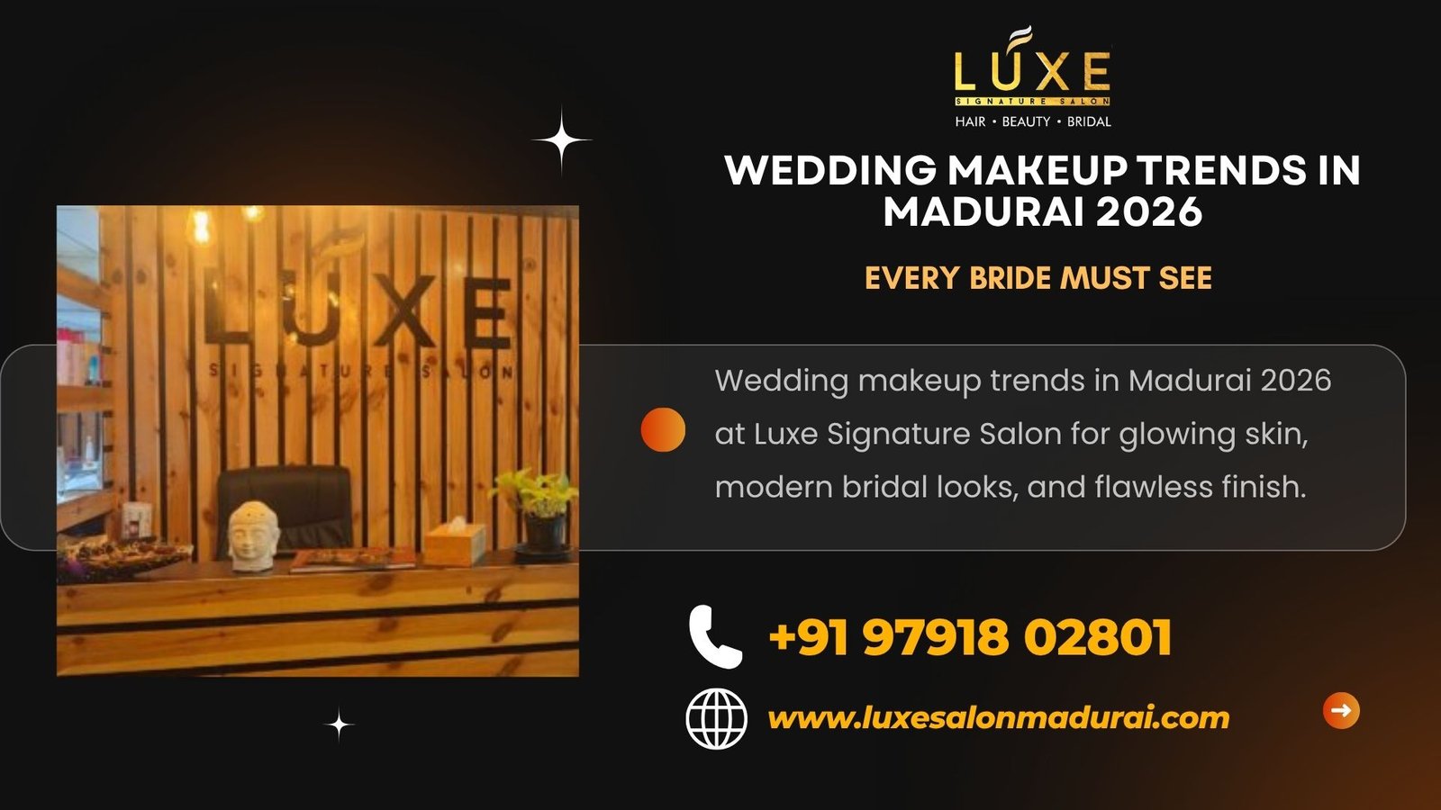 Wedding makeup trends in Madurai 2026 at Luxe Signature Salon for glowing skin, modern bridal looks, and flawless finish.
